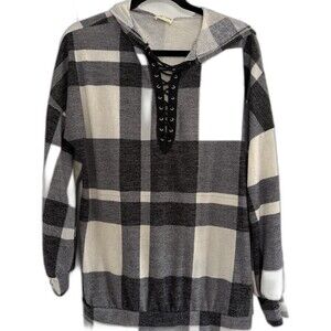 Lovely Melody Plaid Lace-Up Hooded Pullover Hoodie Gray White Black Women's M